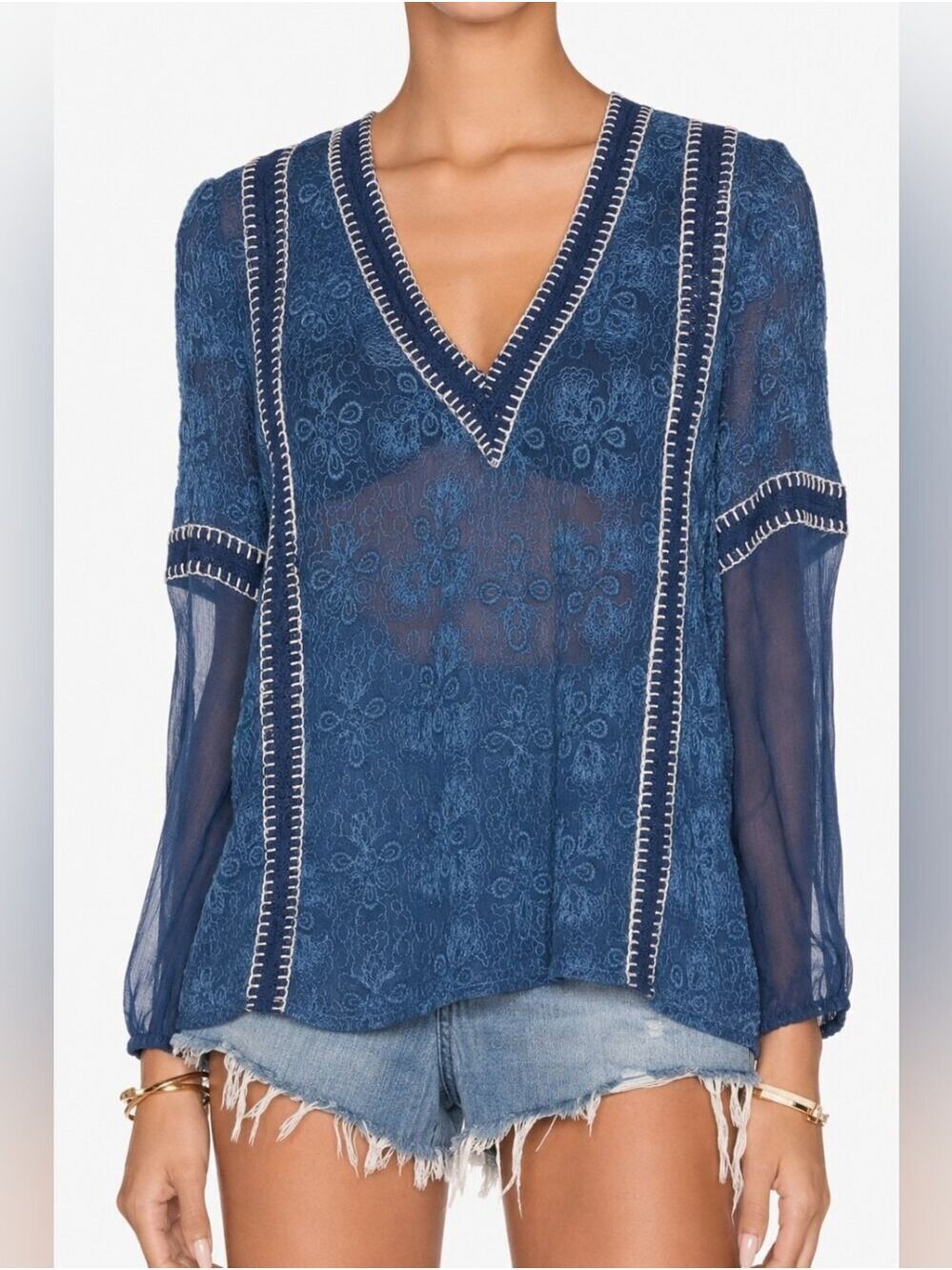 ALICE + OLIVIA BLACK DAISY BLUE EMBROIDERED SHEET BOHO V-NECK BLOUSE XS